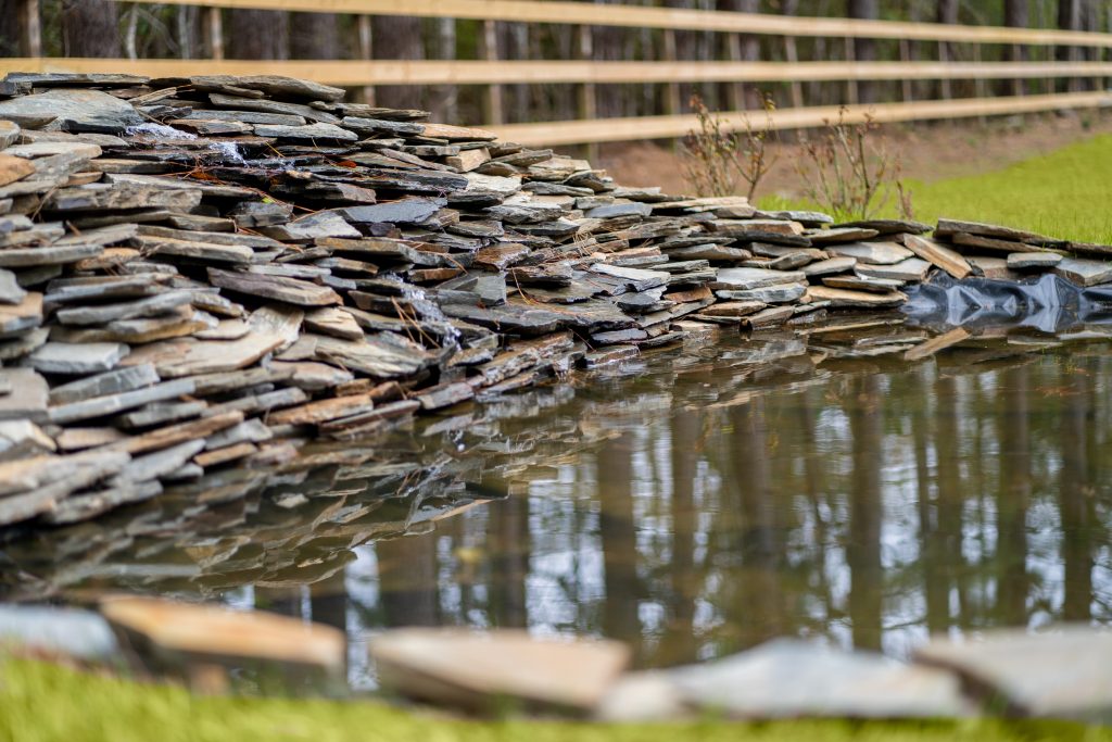 outdoor peaceful koi pond, Oak &amp; Fountain